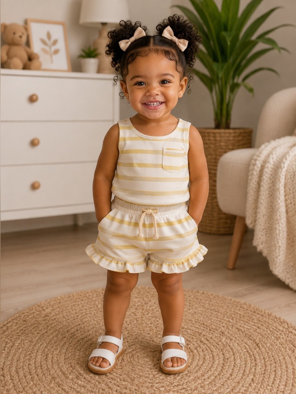 Easy Peasy Striped Baby Tank & Ruffle Shorts Set - Cream & Yellow
